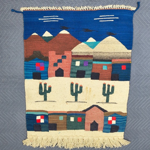 Vintage Southwestern Tapestry Wall Hanging Desert Pueblo Cactus Handwoven 38x28 - Picture 2 of 9